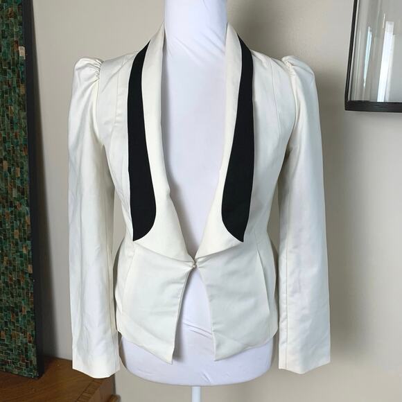 Vintage Size S Peplum Harriet Blazer Jacket White Black Collar Work Evening Twee - Picture 2 of 12